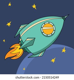 Vector image. Cartoon space rocket flying in space among the stars, on a dark background