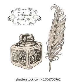Vector image carved inkwells and beautiful writing pen and inkwell and pen inscription