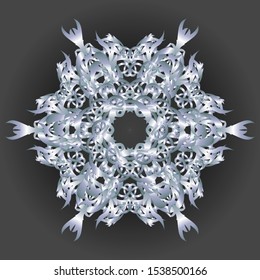 Vector image of a carved New Year`s blue snowflake on a gray background.