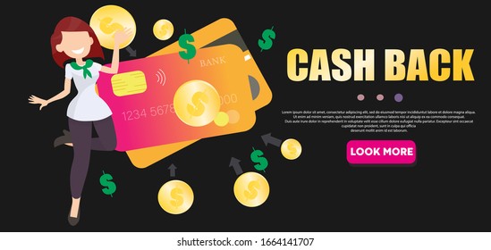 Vector image. Cashback offer. Refund. Contactless payment. Bank employee in a tie. Vector template for website, mobile application, voucher, banner, flyer.
