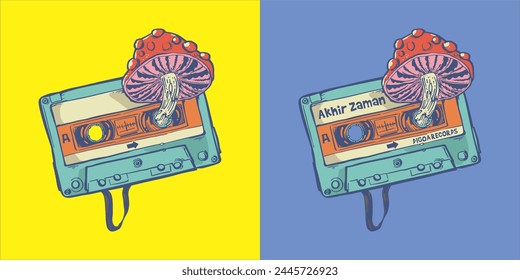 Vector image cassette: magic mushroom illustrations evoke boundless imagination. With sharp detail and vibrant colors, it captivates viewers into an enchanting fantasy world.