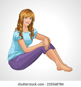 Vector image of casual smiling blonde girl sitting on the floor