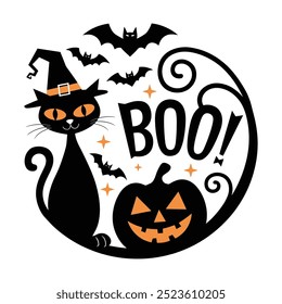 Vector image of cat in black hat and a pumpkin with a scary face is surrounded by bats. The word Boo in a large, bold font. The image conveys a spooky and Halloween themed mood