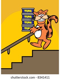 vector image of cat carrying cans of tuning down stairs
