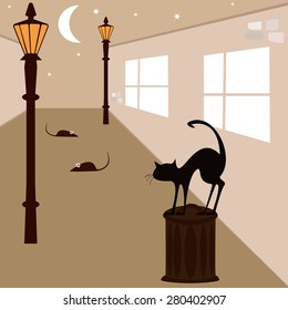 Vector image cat catches mice in the yard at night