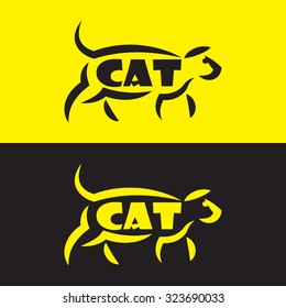 Vector image of an cat design on black background and yellow background, Logo, Symbol