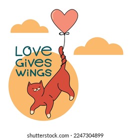 Vector image with a cat flying on a balloon.