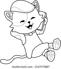 vector image of a cat holding a smartphone.