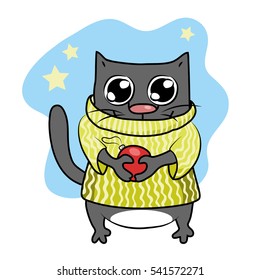 Vector image - a cat , with huge eyes, holding a Christmas ball