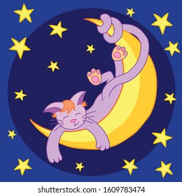 Vector image of a cat lying on the moon on the background of the night blue sky with stars. suitable for postcards, children's products, notebooks.