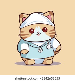 Vector image of a cat nurse, Cute cat nurse with a stethoscope and a bag vector image, Vector illustration of a striped cat wearing a nurse outfit and a headband