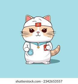 Vector image of a cat nurse, Cute cat nurse with a stethoscope and a bag vector image, Vector illustration of a striped cat wearing a nurse outfit and a headband