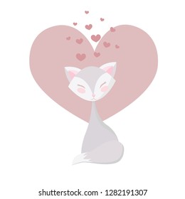 
Vector image of a cat. Cat on the background of the heart, greeting card for Valentine's Day.