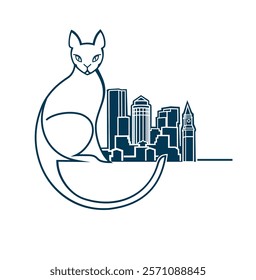 Vector image of a cat on the background of the city. City panorama. logo, illustration. City cat. Boston