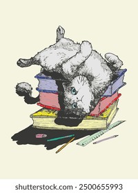 vector image of a cat and a pile of books