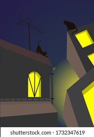 vector image of cat silhouettes on the background of abstract city houses
