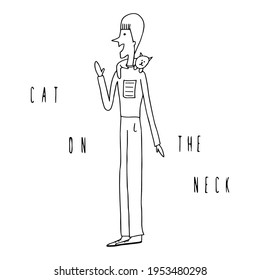 Vector image  The cat sits the shoulders  Suitable for print  web  postcard  Cute   funny image
