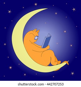Vector image of a cat who has fallen asleep on the moon, when he read the book. Children's Illustration.