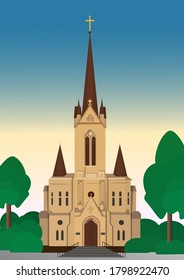 Vector image of a catholic cathedral in the gothic style. Tourism and travel in Europe.
