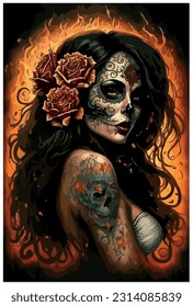 imagen vectorial de la Catrina con flores