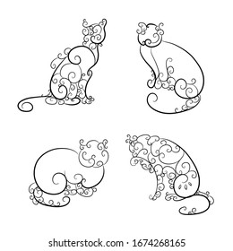 Vector image of cats. A cat drawn by contours, lines and swirls. Silhouettes of cats. Cat painted with a black brush.