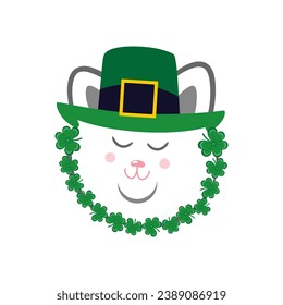 Vector image of a cat's head. The Cat in the Leprechaun's Hat. A cat with a beard made of clover leaves. Saint Patrick's Day is a holiday.