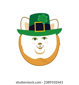 Imagen vectorial de la cabeza de un gato. El gato en el sombrero de Leprechaun. Un gato con barba roja. El Día de San Patricio es feriado.