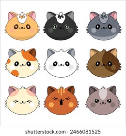 
Vector image of cats head, funny cute animal.
Cats heads emoticons vector.