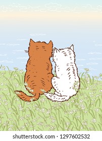 Vector image of the cats sitting on the seashore