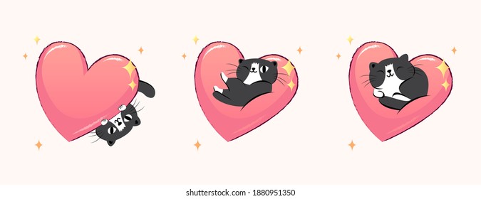
Vector image of cats sleeping on soft pink hearts. A set of three cute cats.