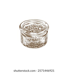 Vector image with caviar in a glass jar in the style of a contour sketch isolated on a white background. Design for the decoration of seafood dishes