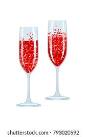 Vector image of celebratory glasses with red drink and bubbles in form of hearts. Congratulatory toast. Object isolated on white background.