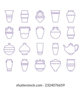 Vector image of ceramic vase with decor. Set of icons with bowl. Boho ceramic vases in trendy minimalist liner style. Vector pottery icons for logo, postcard, posters, posts and stories