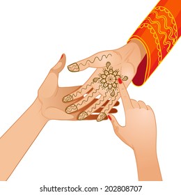 Vector image of ceremony at henna night, kina gecesi, bride becomes henna pattern on her palms, eps10