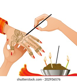 Vector image of ceremony at henna night, kina gecesi, a bride becomes henna pattern on her palms, eps10