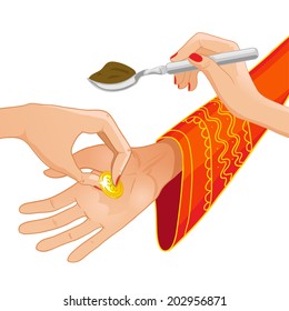 Vector image of ceremony at henna night, kina gecesi, a bride becomes coin and spoon of henna on her palms, eps10