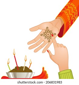 Vector image of ceremony at henna night, kina gecesi, a bride becomes henna pattern on her palms, eps10