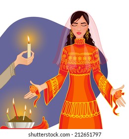 Vector image of ceremony at henna night, kina gecesi, a bride becomes henna pattern on her palms, eps10