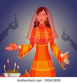 Vector image of ceremony at henna night, kina gecesi, a bride becomes henna pattern on her palms, eps10