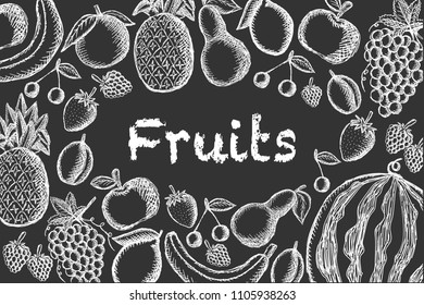 Vector image of chalk-drawn fruits on a dark background with the inscription centered. Graphic illustration.