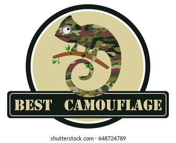 Vector image of a chameleon in a camouflage color with an inscription. Suitable as advertising camouflage clothing and shop chevron.