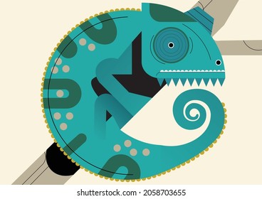 Vector image of a chameleon in a natural environment on a beautiful branch. The image is in good quality. Print on T-shirts and other clothes.