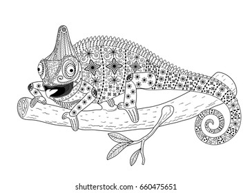 Vector image Chameleon on a branch, painted in the style of Zentangle