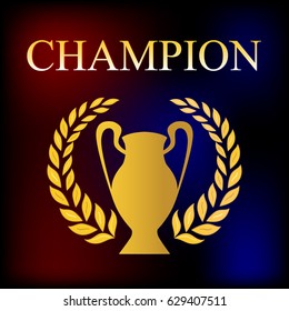 Vector image, champions cup in gold color on a dark background.