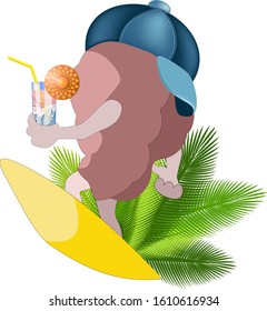 Vector image of a character in the form of a brain with a surfboard and a refreshing cocktail. Conceptual illustration consisting of four images in different views