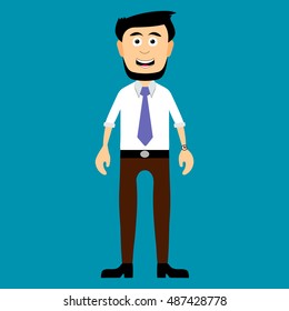 Vector image of the character is an office worker dressed in a business suit. On a blue background. Standing there smiling. With a beard. Successful. Style modern flat. Unique design for your business