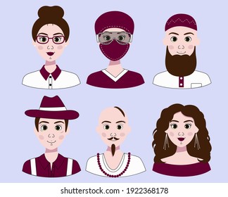 Vector image of a character with one face, but in different styles.