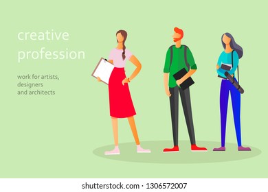 Vector image of characters of creative professionals in a minimalist style. For banners, advertising courses or universities or web projects.