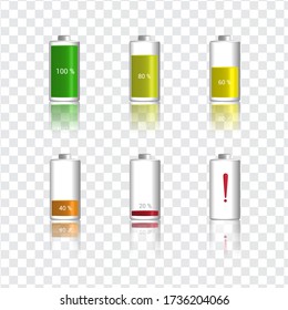 Vector image. Charging battery icon. Different states of charge. Transparent background.