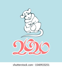 Vector image of a charming white rat with a bag of New Year's gifts and numbers 2020